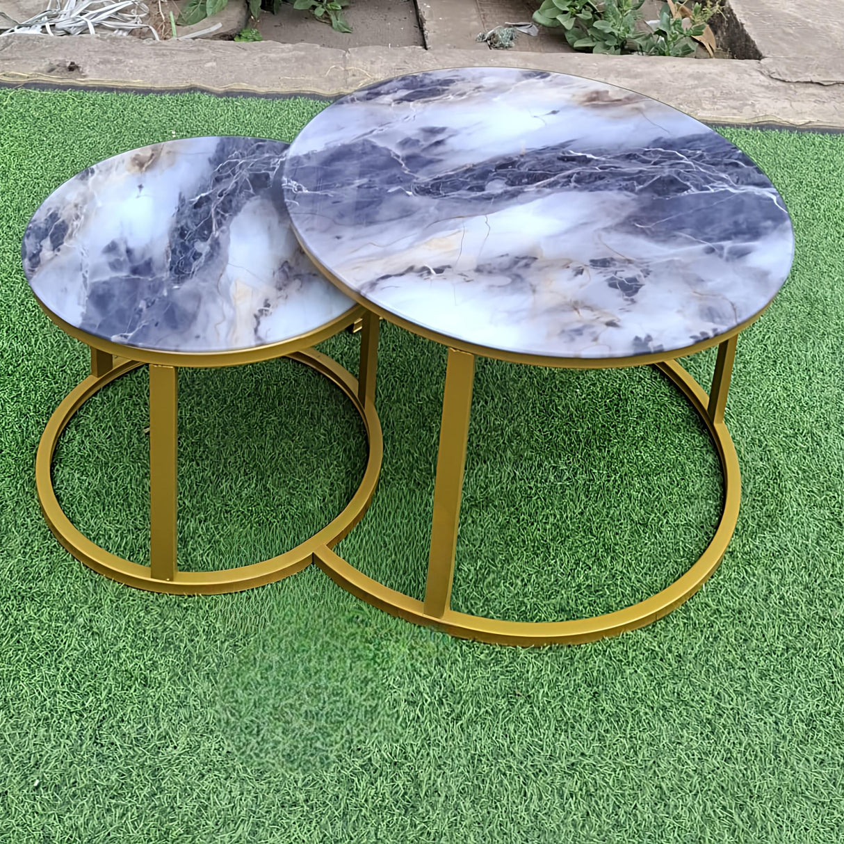 Round Marble Nesting Coffee Table Set with Gold Frame