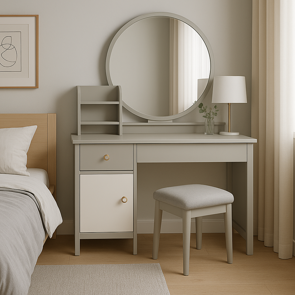 Round Mirror Dressing Table Multi Drawer Vanity with Side Shelf Organizer