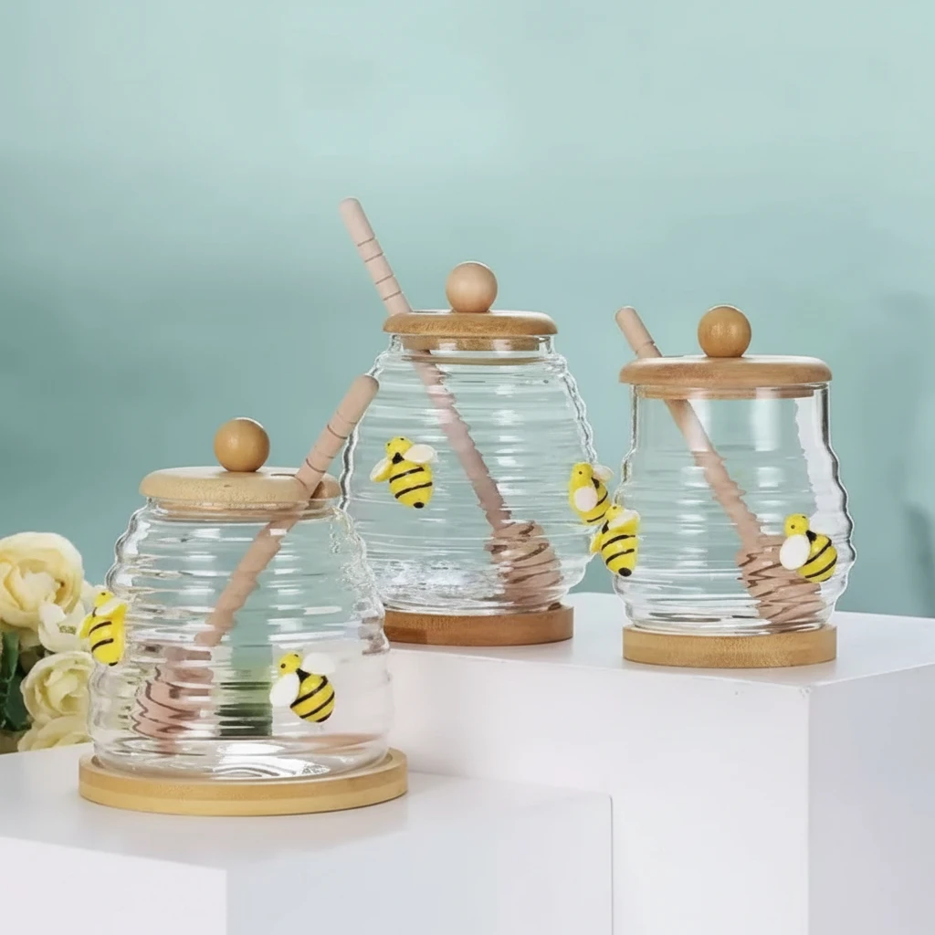 Transparent Honey Jar with Bamboo Dipper and Lid 420ml Kitchen & Dining Honey Jars