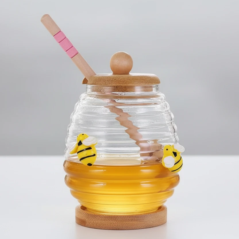 Transparent Honey Jar with Bamboo Dipper and Lid 420ml Kitchen & Dining Honey Jars