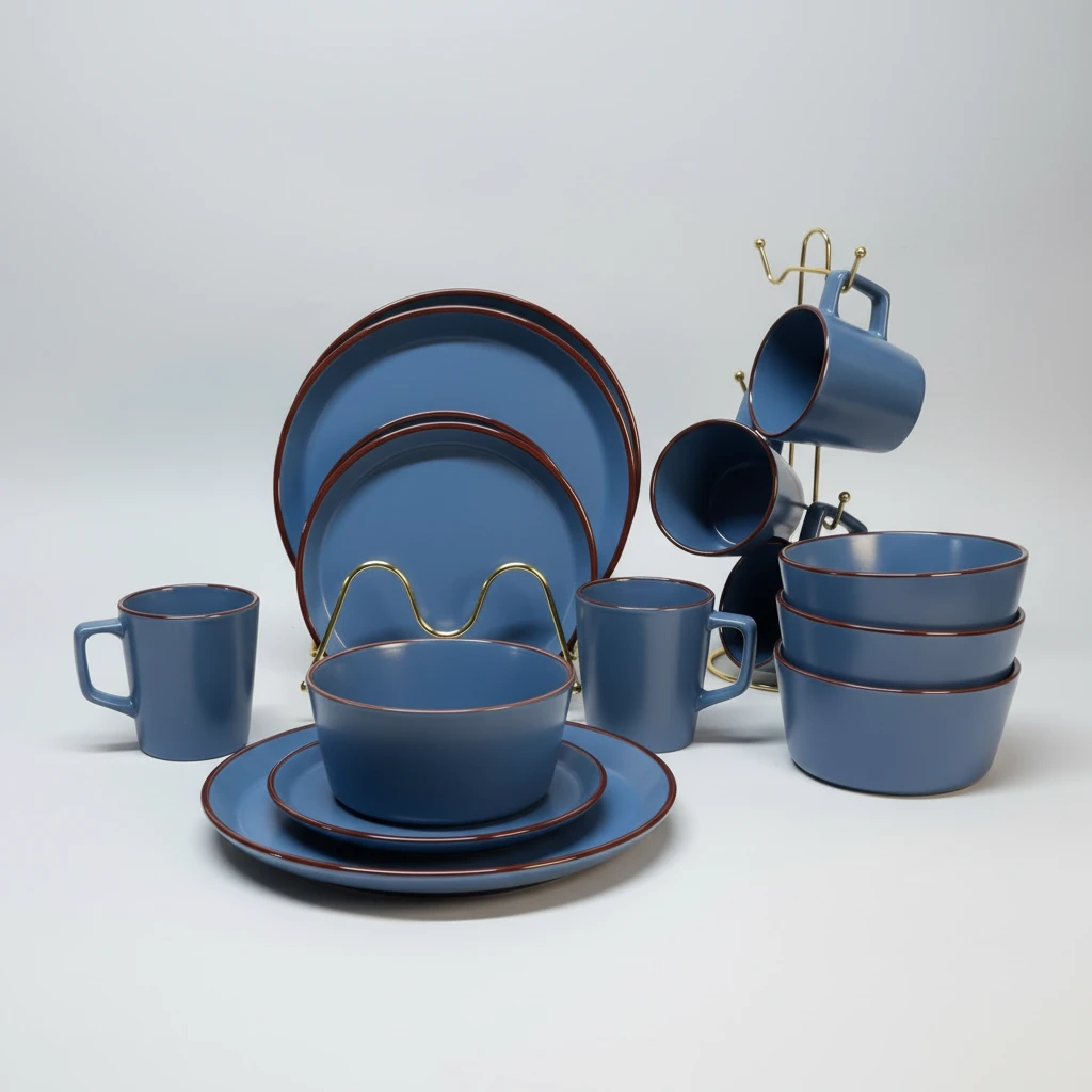 16pcs All Blue with Rim Dinner Set Complete Dining Collection Kitchen & Dining Dinnerware Sets