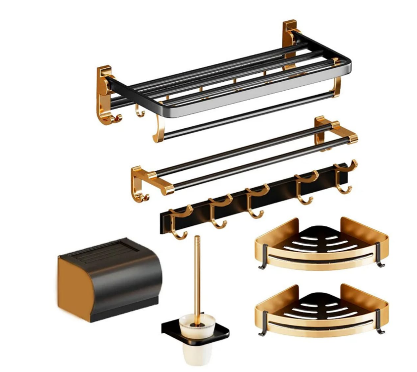 7pcs Gold Multifunctional Aluminum Bath Towel Storage Rack Set