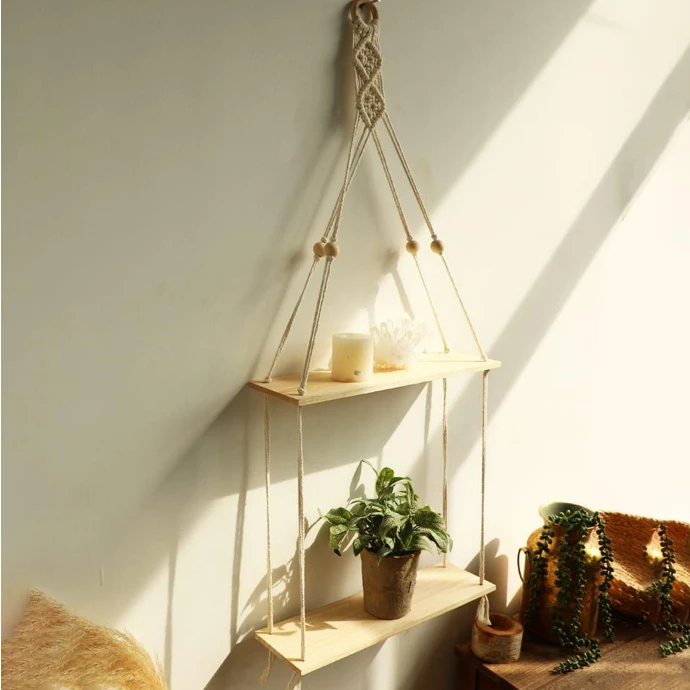Macrame Hanging Floating Shelf Wall Decor 2 Tier Home Decor Floating Wall Shelves & Ledges