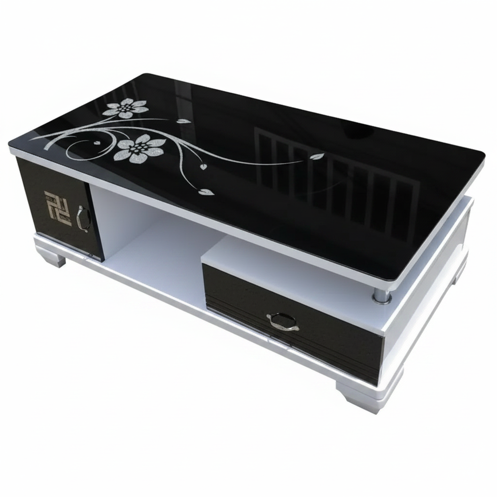 Gloss Black Floral Glass Coffee Table with Cabinet & Drawer Coffee Table Coffee Tables