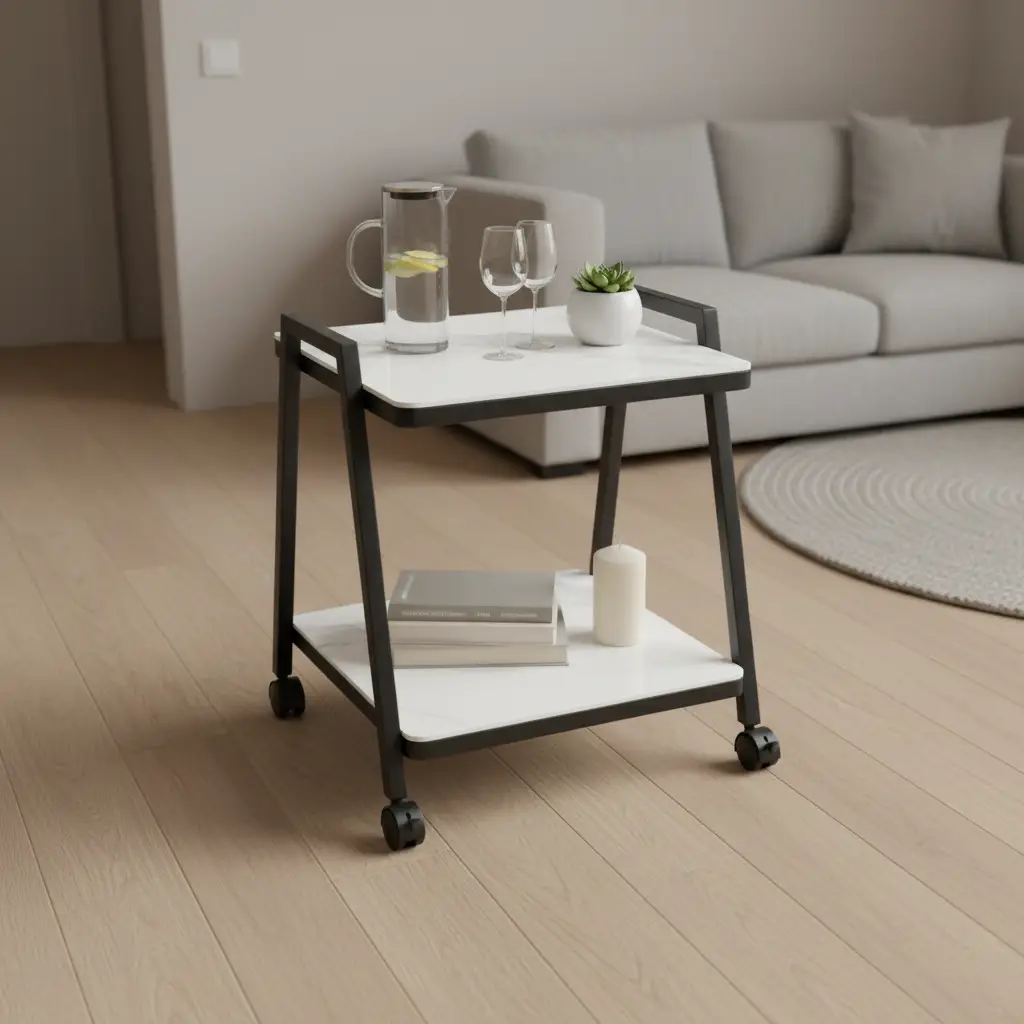 2-Tier Marble-Effect Rolling Trolley Table Side Table Utility & Storage Carts