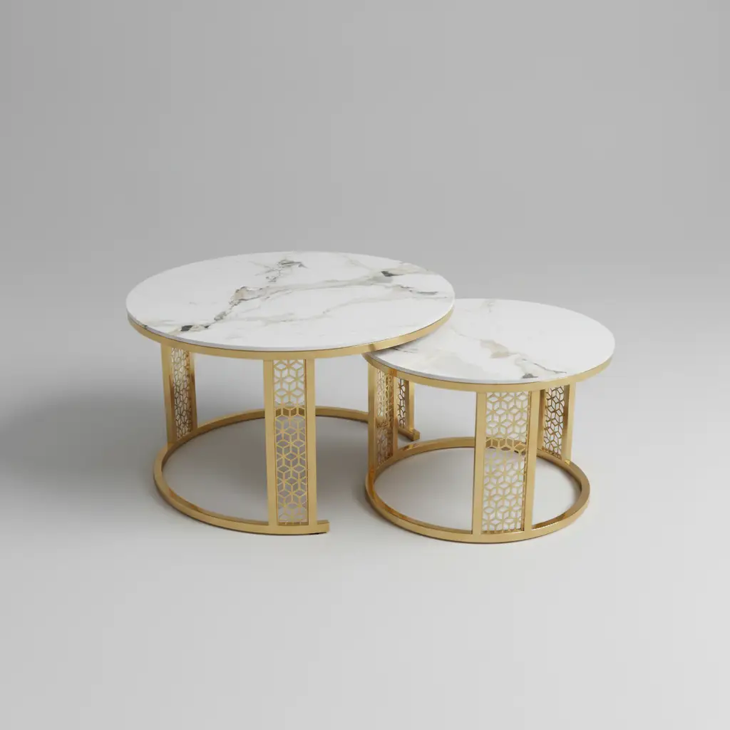 Round Marble-Effect Nesting Coffee Table Set - Gold Coffee Table Coffee Tables