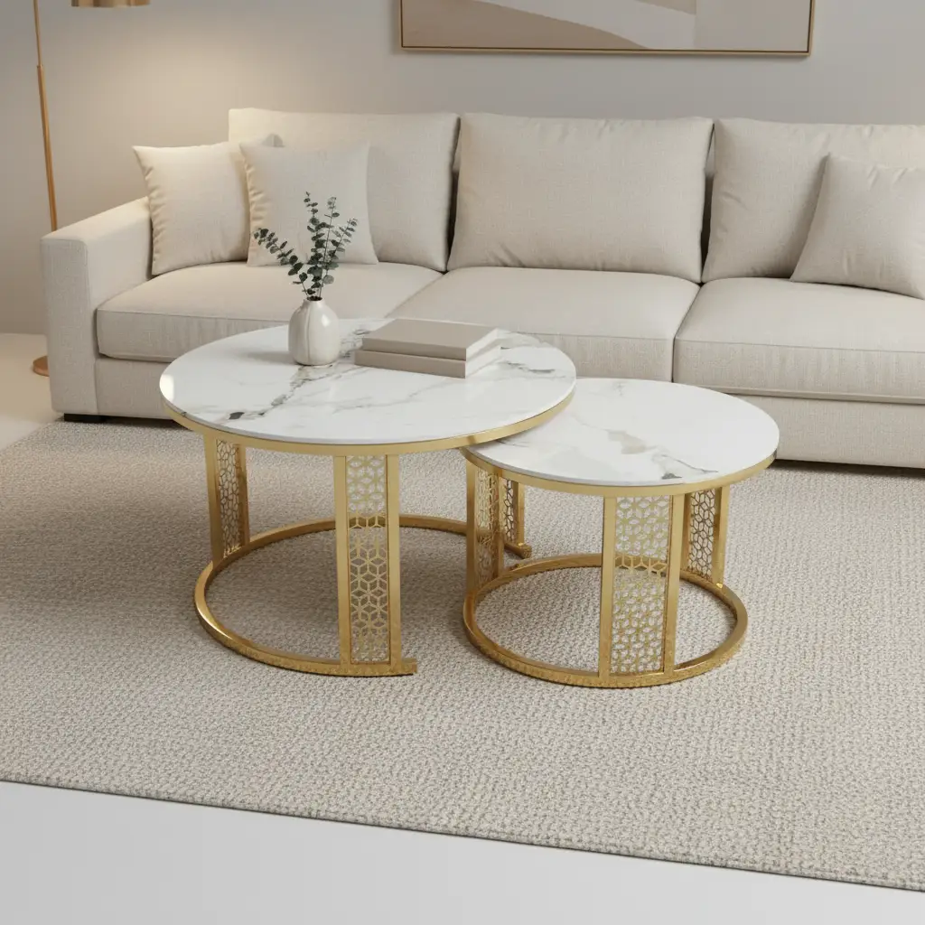 Round Marble-Effect Nesting Coffee Table Set - Gold Coffee Table Coffee Tables