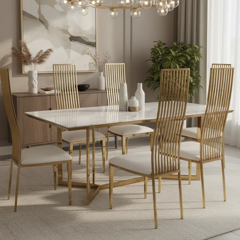 High-Back Gold Slat Dining Chair - White PU Seat Dining Chair Dining Chairs
