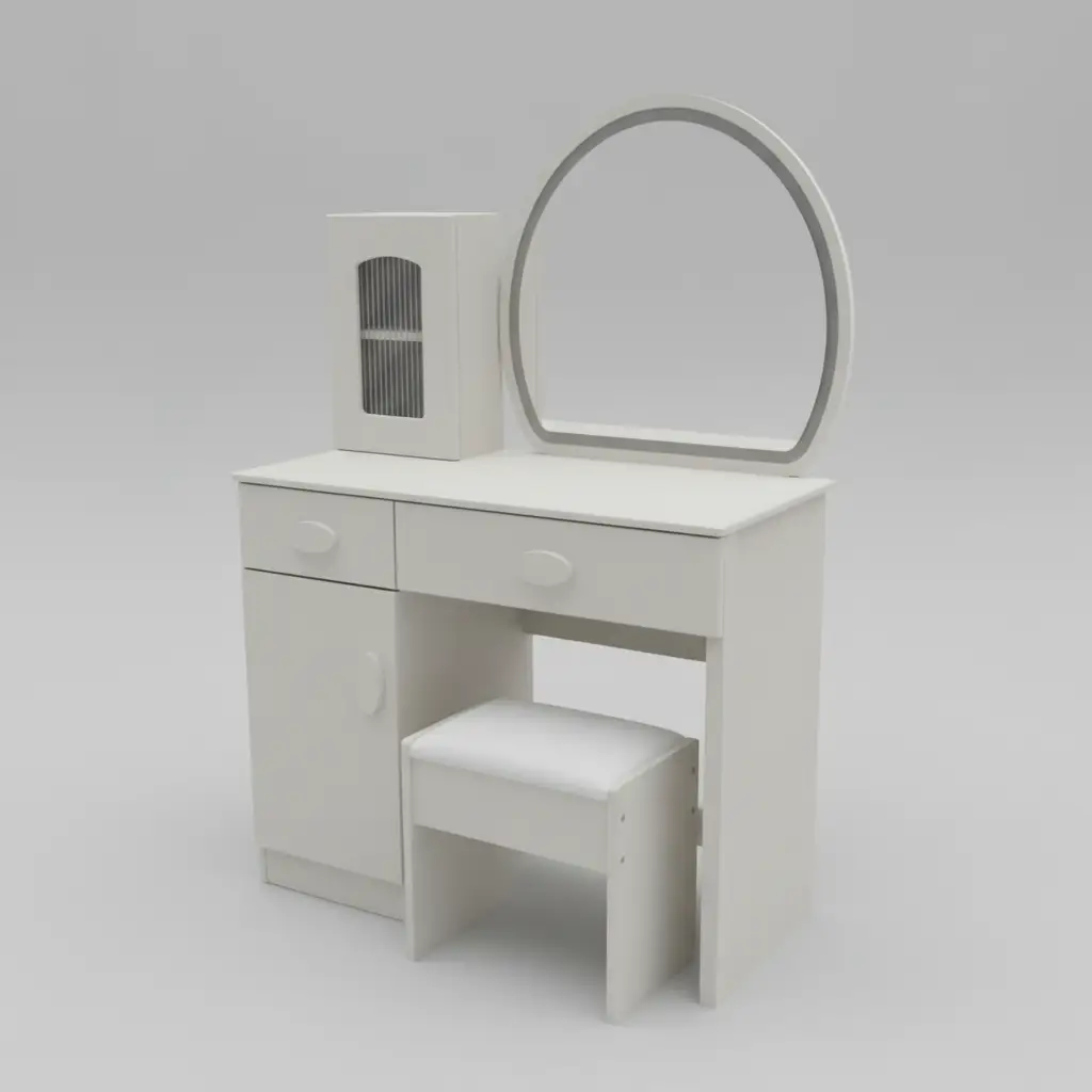 White Dressing Table with Round Mirror & Stool - Side Cabinet Dressing Table Bedroom Vanity Sets
