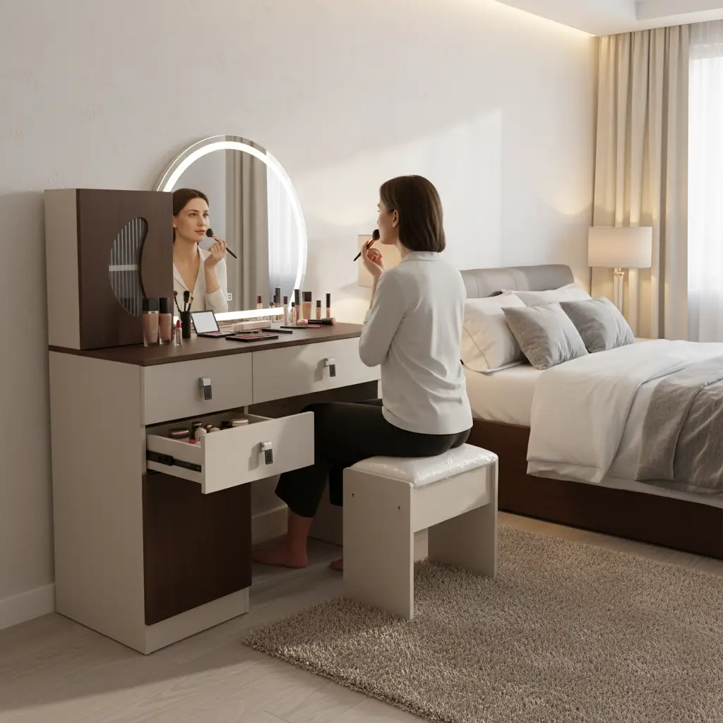Walnut & White Dressing Table with Round Mirror & Stool Dressing Table Bedroom Vanity Sets