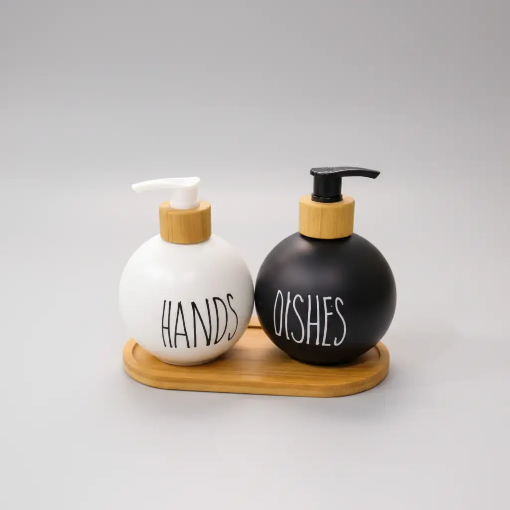 Ceramic Soap Dispenser Set - Hands & Dishes with Bamboo Tray Kitchenware Soap & Lotion Dispensers