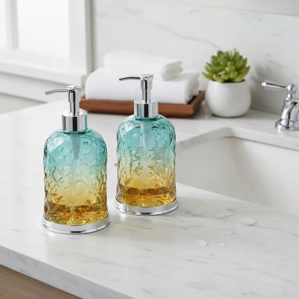Gradient Diamond-Cut Glass Soap Dispenser - 500ml Bathroom Accessories Soap & Lotion Dispensers