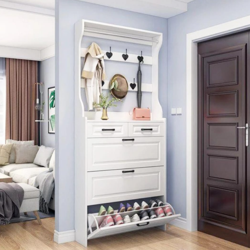 Hallway Shoe Cabinet with Coat Rack - 220x100x24cm, White Shoe Cabinet Shoe Cabinets