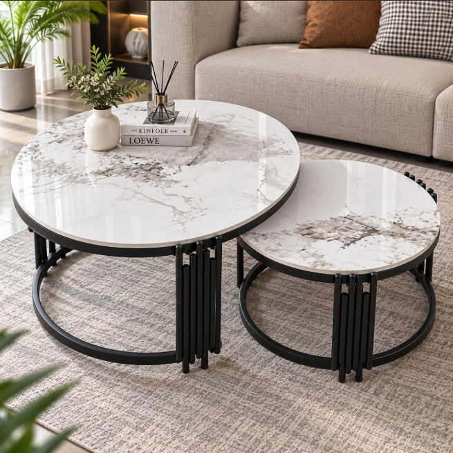 Marble Top Round Nesting Coffee Table Set of 2 - 78cm & 58.5cm Coffee Table Coffee Tables