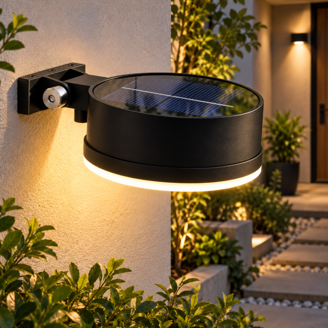Vynce LED Solar Round Wall Light - 200LM 1.5W Warm White IP44, Black Solar Light Flood & Spot Lights