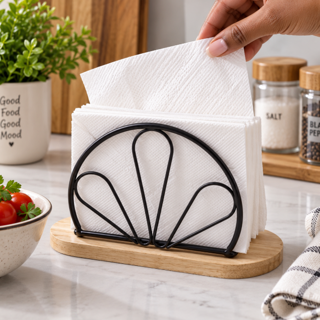 Fan Shell Wire Serviette Holder with Bamboo Base Serviette Holder Napkin Holders