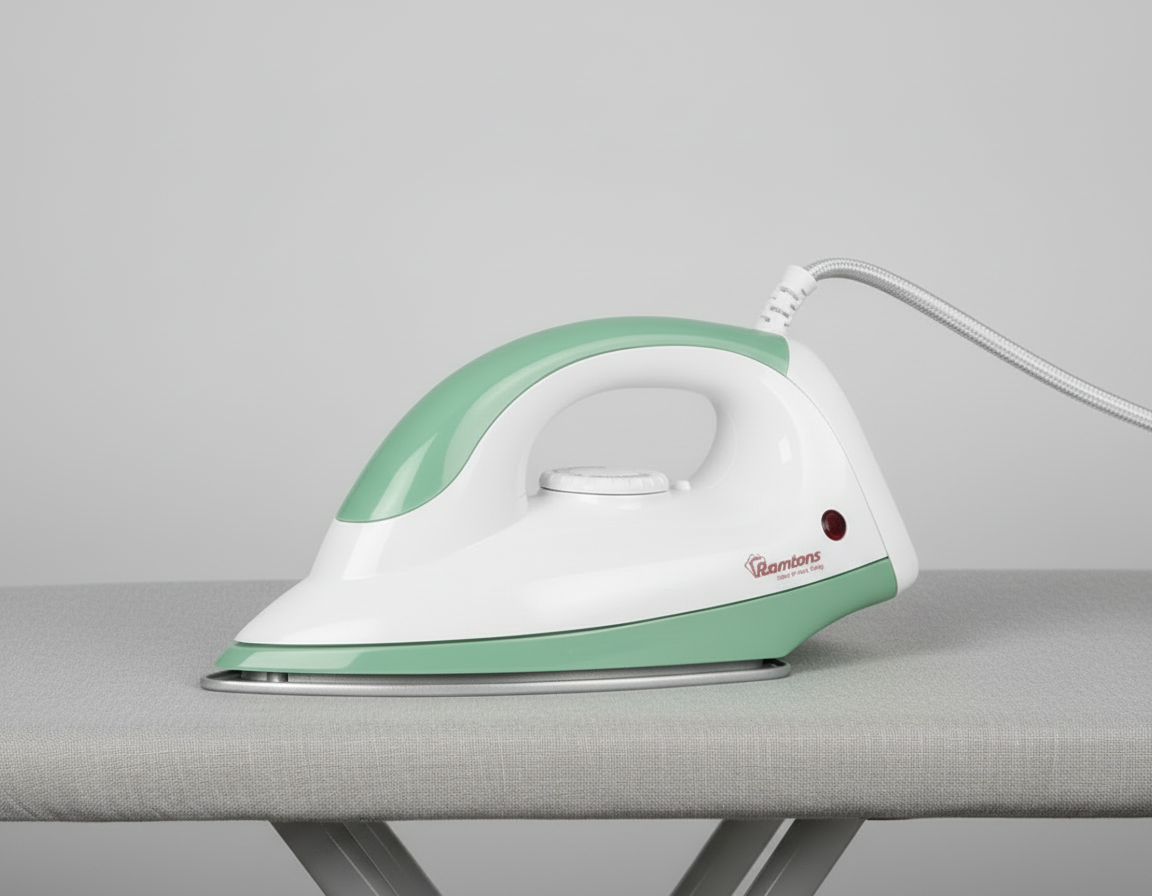 White and Green Dry Iron RM/180 – 1100W Stainless Steel Soleplate Electric Iron