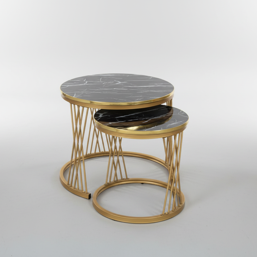 Nesting Side Table Set Black Marble with Gold Frame MA6-2