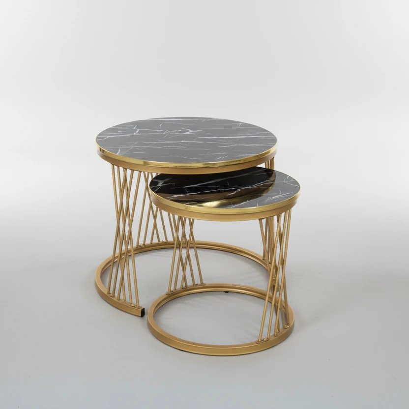 Nesting Side Table Set Black Marble with Gold Frame MA6-2 Furniture End Tables