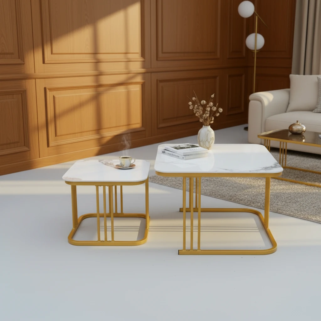 Marble Side Table Set - Modern Gold Frame Design Furniture End Tables