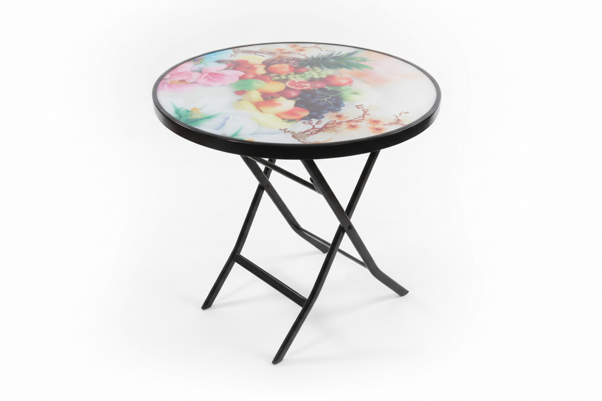 Foldable Table - Decorative Glass Top with Metal Frame