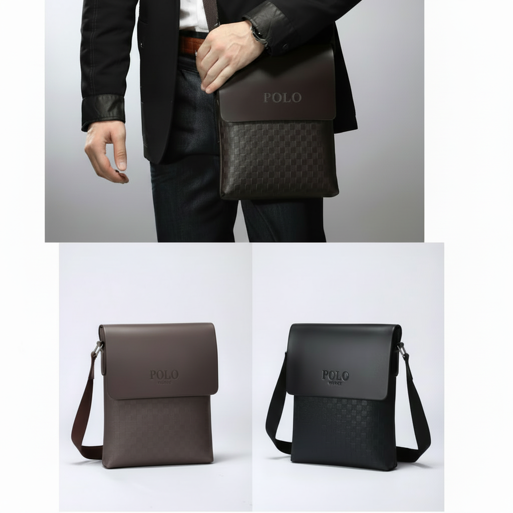 Polo Men's Crossbody Shoulder Bag Checkered Pattern PU Leather 26x3x20cm