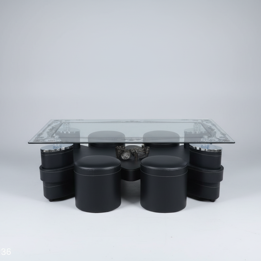 Coffee Table - Glass Top with 4 Puff Stools & Decorative Border