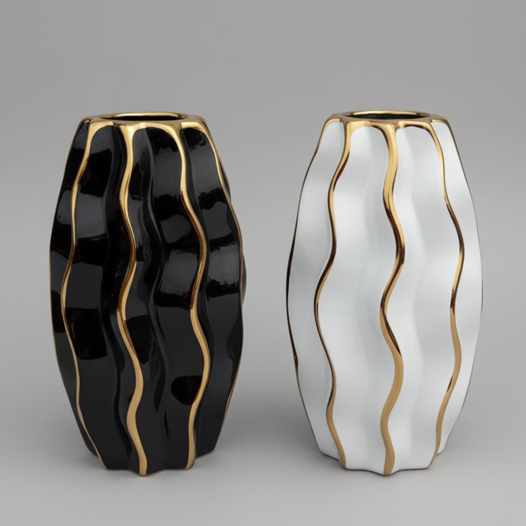 Vase - Unique Ceramic Flower with Gold Wave Design