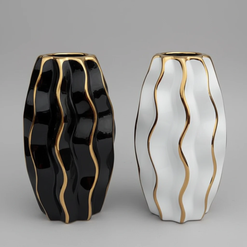 Vase - Unique Ceramic Flower with Gold Wave Design Home Decor Vases