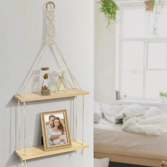 Wall Shelf - Macrame Hanging 2-Tier Floating Shelf Home Decor Floating Wall Shelves & Ledges