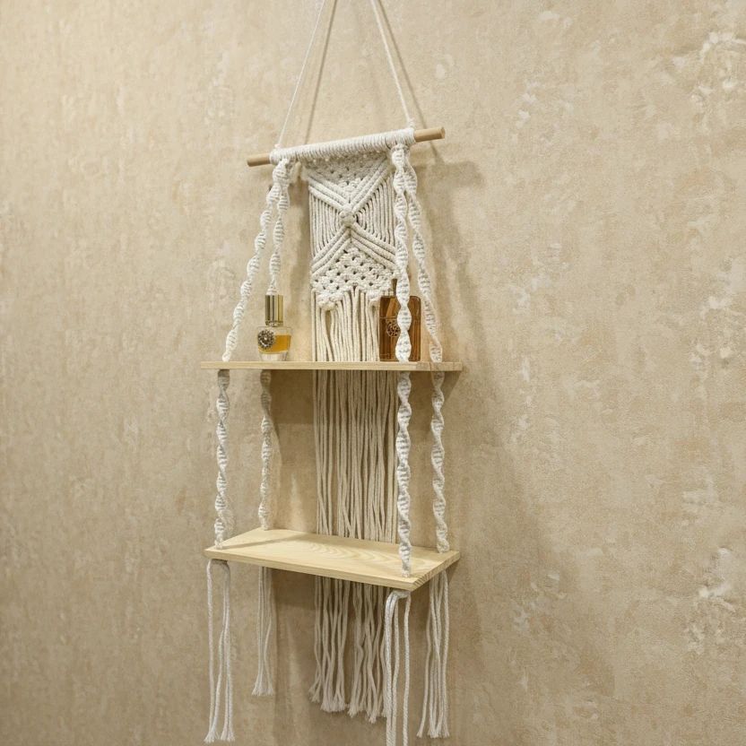 Wall Shelf - Woven Tapestry 2-Tier Bohemian Hanging with Macramé Home Decor Floating Wall Shelves & Ledges