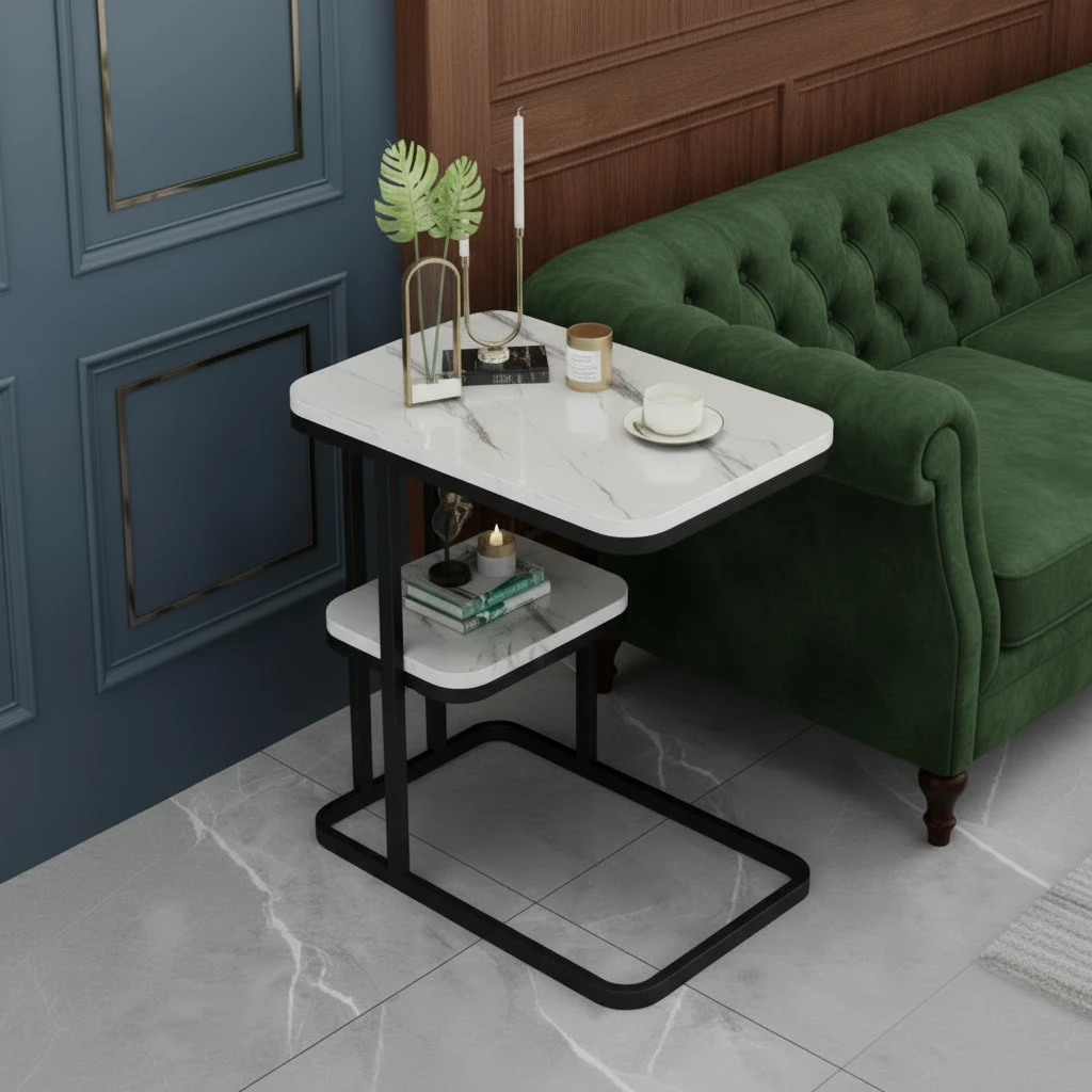 Luxury Marble Side Table - C-Shape with Storage Home & Garden End Tables
