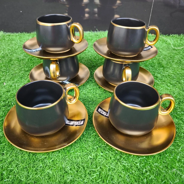 6 Piece Black and Gold Ceramic Cup and Saucer Set Kitchen & Dining Coffee Sets