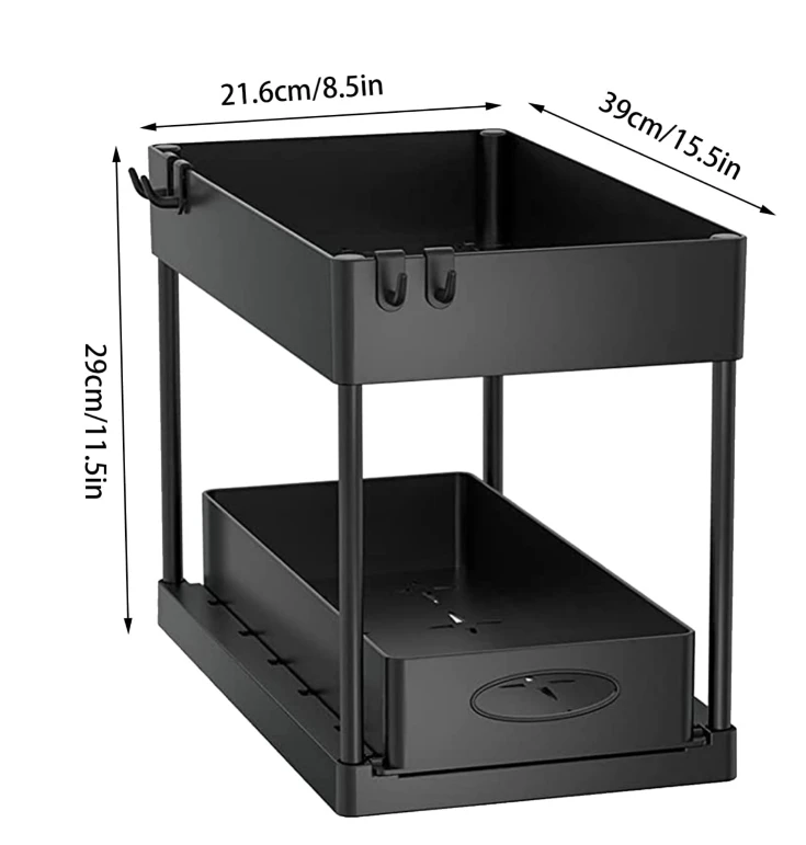 2 Tier Multi-Purpose Pull-Out Storage Rack with Side Hooks Kitchen & Dining Kitchen Organizers
