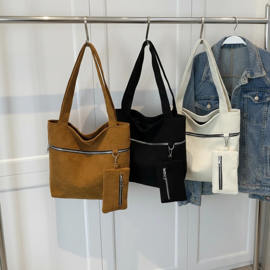 Casual Corduroy Shoulder Tote Bag with Detachable Mini Coin Purse 29x9x30cm White Brown Black Bags & Accessories Tote Bags