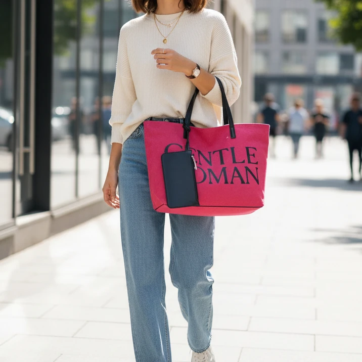 Gentlewoman 2-in-1 Canvas Tote Bag with Matching Mini Zip Pouch Bold Serif Print Black Khaki Bags & Accessories Tote Bags