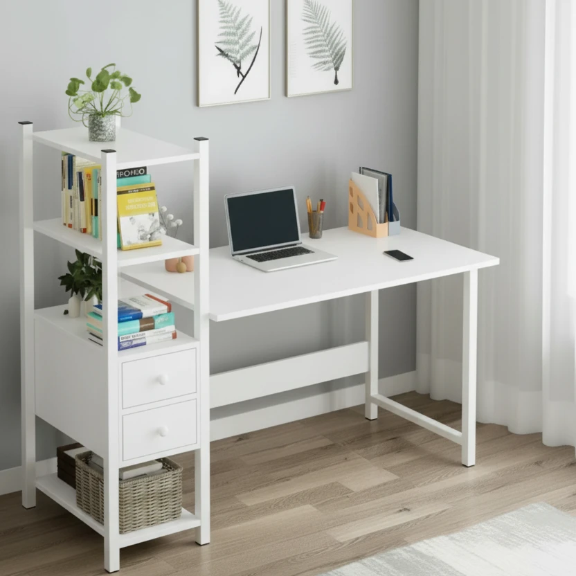 Minimalist Study Desk with Bookshelf Drawers White Metal Frame 120x110x40cm Office Furniture Desks