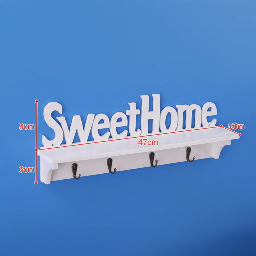 Sweet Home Wall Shelf Key Holder 4 Iron Hooks 47x15x7cm White Wood Home & Garden Rack Wall Shelves & Ledges