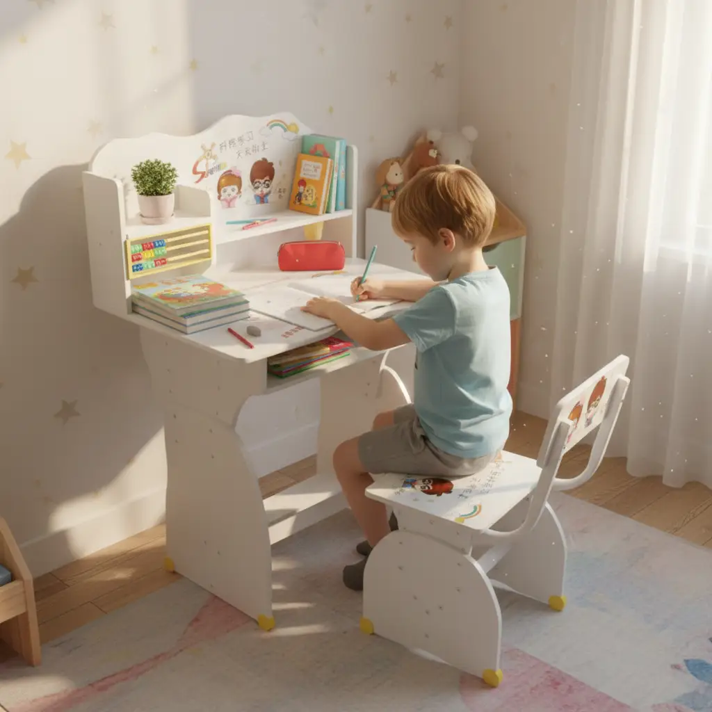 Kids Study Desk and Chair Set - Abacus Shelf Cartoon Design Blue Natural Wood Furniture Office Furniture Sets