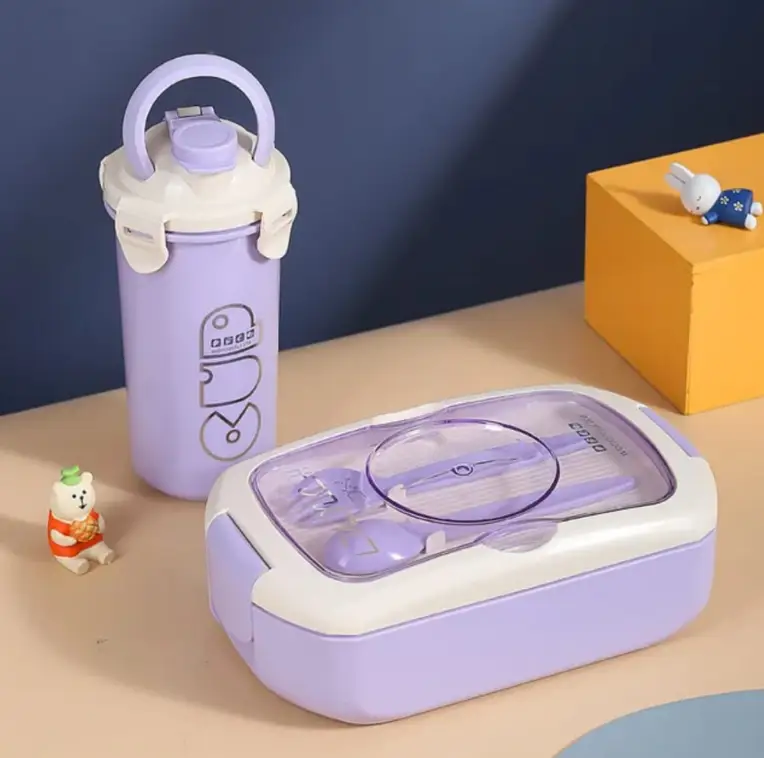 Lunch Box Set - 2-in-1 750ml Dish and 450ml Bottle Microwave Safe Blue Pink Purple Kitchen & Dining Lunch Box Sets