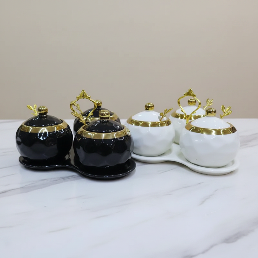 Seasoning Jar Set - Nordic Luxury Ceramic 3-Piece Black Gold Round with Tray Spoons Kitchen & Dining Food Storage Containers
