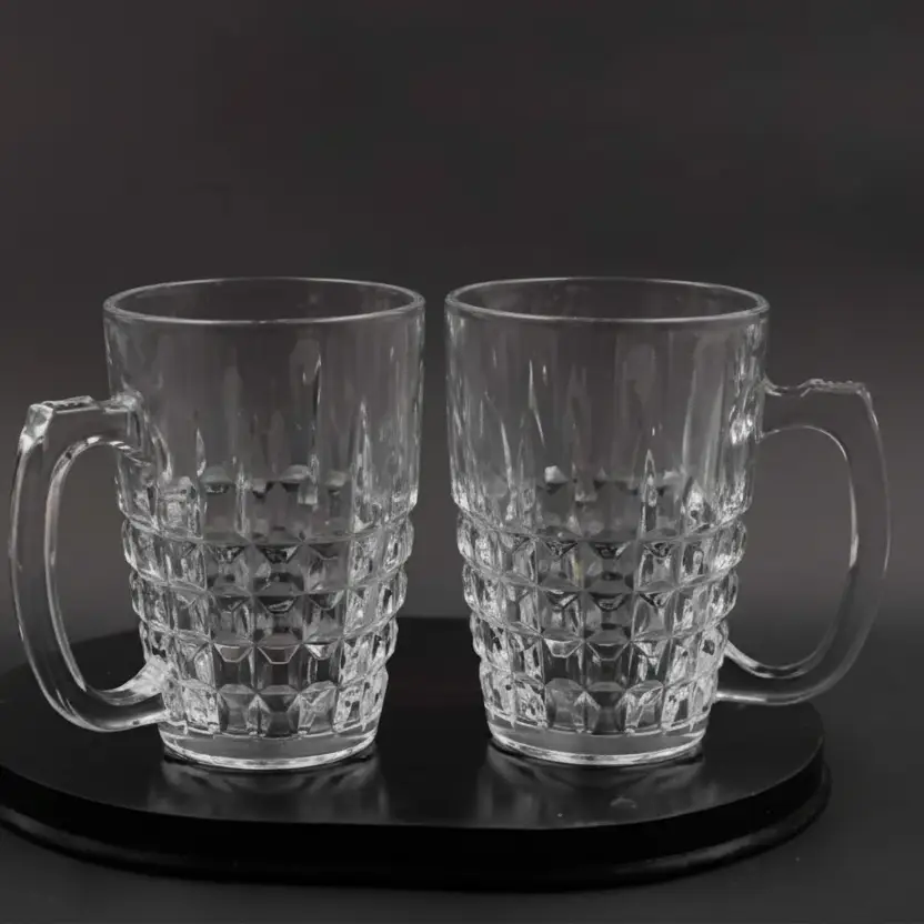 Glass Mug Set - 6-Piece 300ml Diamond Cut Crystal Clear with Handle Kitchen & Dining Mugs