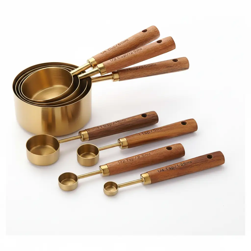 Measuring Cups and Spoons Set - 8pc Stainless Steel Engraved Fragrant Wood Handle Black Gold Kitchen & Dining Measuring Cups & Spoons