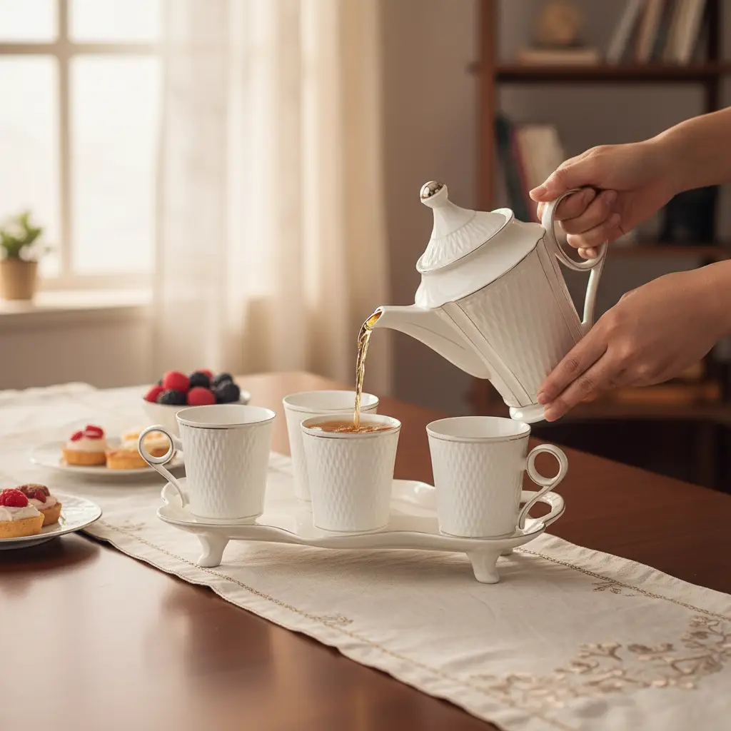 Tea Set - 8-Piece White Ceramic Diamond Weave Teapot 6 Mugs and Serving Tray Gold Trim Kitchen & Dining Tea Sets