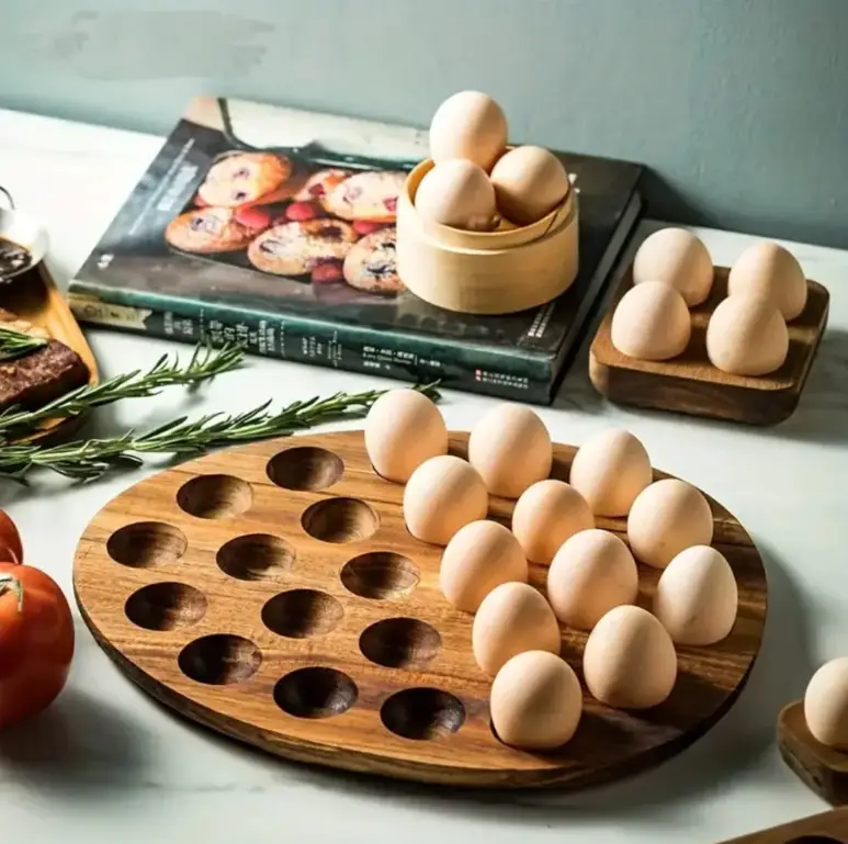 Egg Tray - Round Wooden 18-Slot Multi-Compartment Storage Rack Natural Kitchen & Dining Food Storage Containers