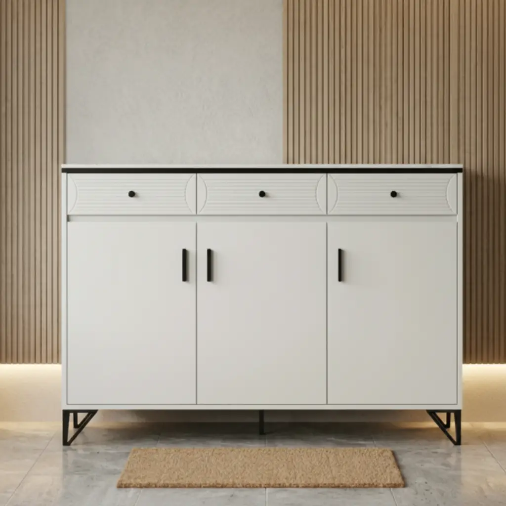 Shoe Cabinet - 3-Door 3-Drawer with Ribbed Top Drawers and Black Bar Handles Furniture Storage Cabinets & Lockers