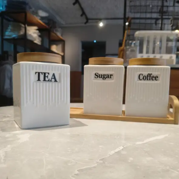 Ceramic Tea Coffee Sugar Canister Set - 3 Pcs with Bamboo Tray Kitchen Storage Food Storage Containers