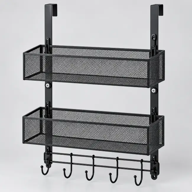 Over-Door 2-Tier Mesh Rack Organiser with Hooks Door Organiser Storage Hooks & Racks