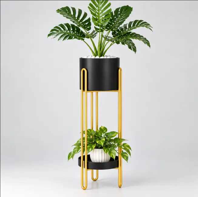2-Tier Gold Metal Plant Stand with Black Pot Holders Plant Stand Plant Stands