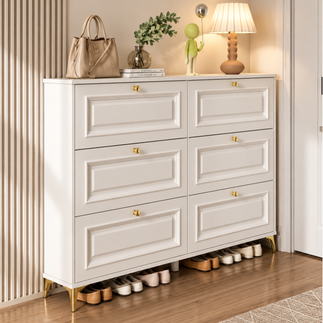 3-Drawer Flip-Down Shoe Cabinet - 120x100x24cm, White & Gold Shoe Cabinet Shoe Cabinets